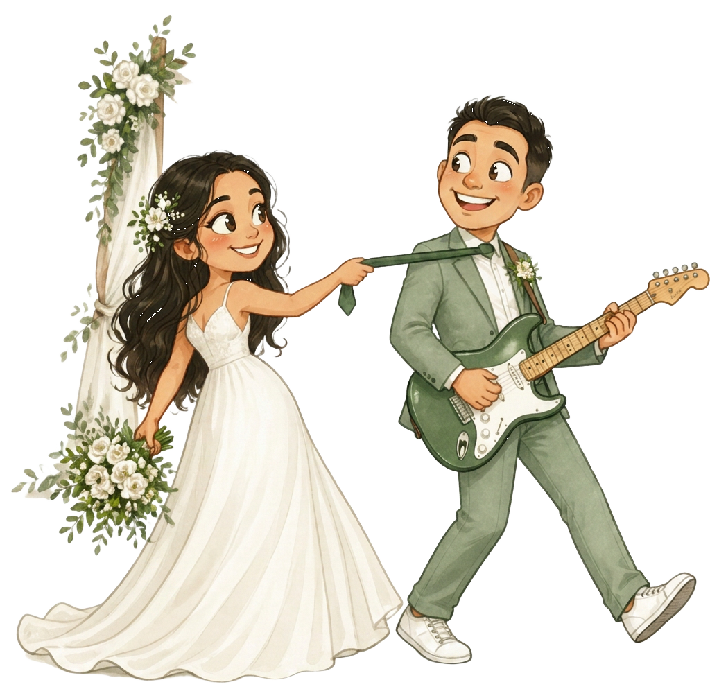 Desenho engraçado da Cicera puxando o Fernando pela gravata enquanto ele toca guitarra de rock